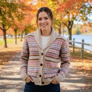 EDDIE BAUER Fair Isle Cardigan Shawl Collar size XXL